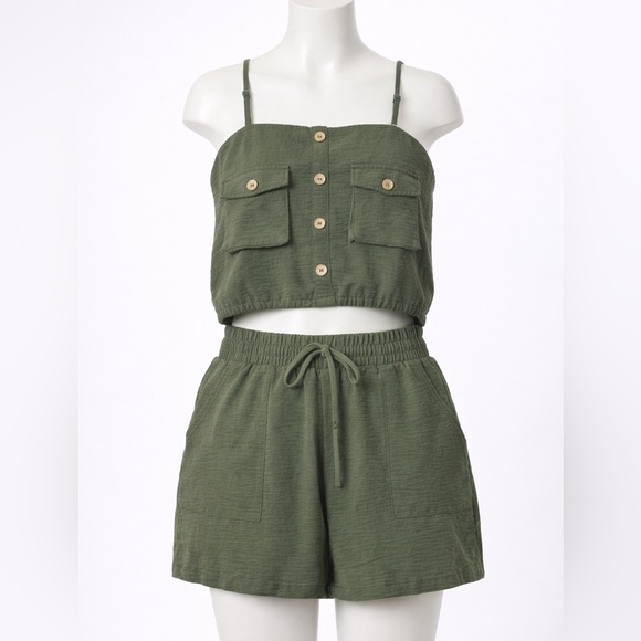 No Boundaries Pants - No Boundaries Olive Green Crop Tank & Drawstring Shorts Set
